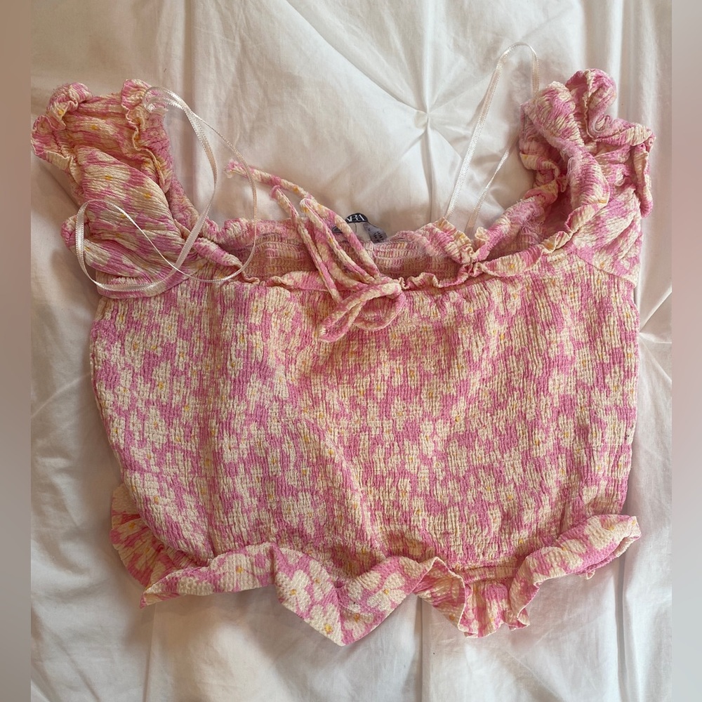 Pink and yellow flowered cropped shirt from Zara